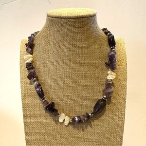 Purple Amethyst polished Chip Beaded Necklace w/ genuine freshwater pearls